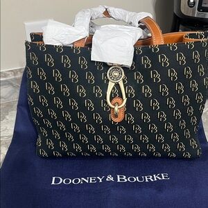 Dooney & Bourke Black Signature Tote with Tan Leather Trim and Gold Hardware